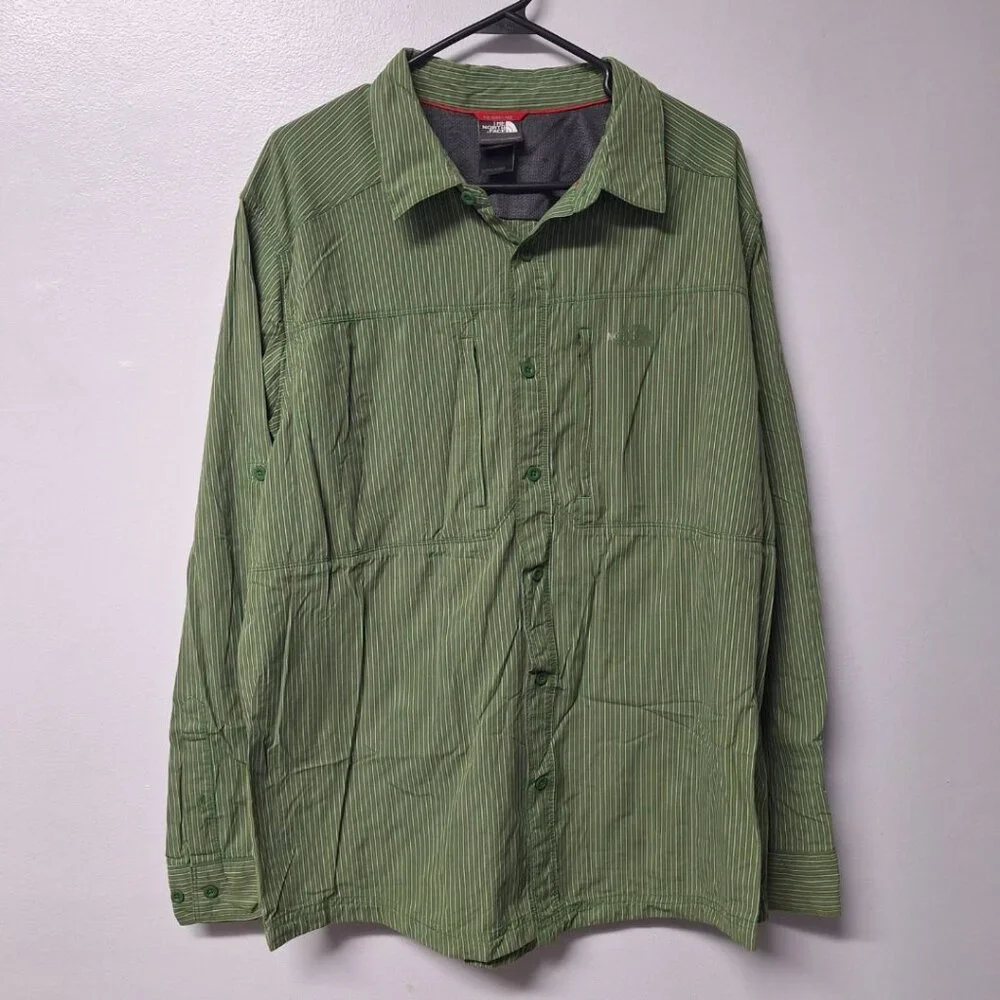 The North‎ Face Button Down Shirt Green Stripes Long Sleeve Mens XL Breathable